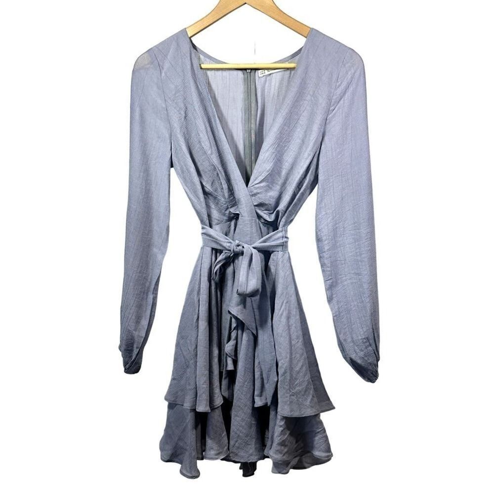HERE COMES THE SUN Women's Plunge Neck Long Sleeve Ruffle Mini Dress Purple Sz S